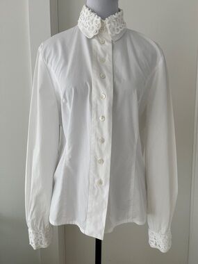 MONDI Vintage 100% Cotton Lace Collar Cuffs Fitted Blouse Victorian Business